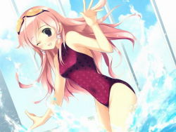 Rule 34 | 1girl, beach, blush, competition swimsuit, dutch angle, game cg, goggles, hitomi yomi, leaning forward, one-piece swimsuit, one eye closed, pink hair, red eyes, solo, splashing, sukumizu 2, swimsuit, wink