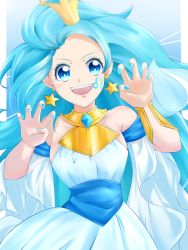 Rule 34 | blue eyes, blue hair, claw pose, commentary request, crown, detached sleeves, earrings, highres, jewelry, lion tail, mini crown, nail polish, precure, solo, star (symbol), star earrings, star princess, star twinkle precure, tail, yu062424