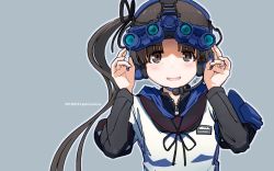 Rule 34 | 1girl, ayanami (kancolle), black sailor collar, blue background, blush, brown eyes, brown hair, commentary request, dated, flying sweatdrops, goggles, hair ribbon, headgear, headphones, headset, kantai collection, long hair, long sleeves, open mouth, ponytail, ribbon, sailor collar, school uniform, serafuku, shikishima fugen, side ponytail, solo, twitter username, upper body, zipper