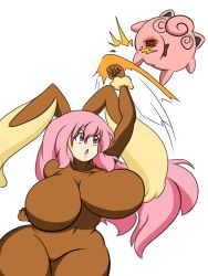 Rule 34 | animal costume, animal ears, breasts, bunny outfit, cosplay, creatures (company), curvy, game freak, gen 4 pokemon, hair intakes, huge breasts, leotard, long hair, lopunny, nintendo, open mouth, original, pink eyes, pink hair, pokemon, punching, rabbit costume, rabbit ears, simple background, standing, uppercut, wide hips, zeon (pixiv722928)
