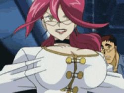 Rule 34 | 00s, 1boy, 1girl, animated, animated gif, aoi kiriko, bouncing breasts, breasts, brown hair, bursting breasts, choker, cleavage, close-up, glasses, hands on own hips, huge breasts, lipstick, long hair, lowres, makeup, mature female, no bra, ponytail, popped button, red hair, screencap, shinkon gattai godannar!!, short hair, uniform, wardrobe malfunction, yellow eyes