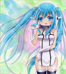 Rule 34 | 1girl, bird, bird on hand, black thighhighs, blue eyes, blue hair, blush, breasts, chain, cowboy shot, dress, floating hair, garter straps, gloves, hair between eyes, long hair, looking at viewer, marker (medium), nymph (sora no otoshimono), open mouth, shiny skin, short dress, side slit, sleeveless, sleeveless dress, small breasts, solo, sora no otoshimono, standing, thighhighs, traditional media, twintails, very long hair, wakaba0801, white dress, white gloves, zettai ryouiki