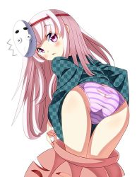 Rule 34 | 1girl, ^^^, ass, bad id, bad pixiv id, blush, checkered clothes, checkered shirt, dressing, hata no kokoro, long hair, long sleeves, looking at viewer, mask, oimo (imoyoukan), oimonocake, panties, pink eyes, pink hair, shirt, simple background, skirt, solo, striped clothes, striped panties, touhou, underwear, unmoving pattern, white background