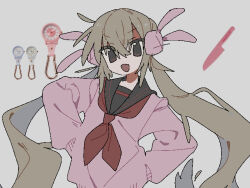 Rule 34 | 1girl, black sailor collar, cardigan, eezee56, hair between eyes, hair ornament, hands on own hips, knife, light brown hair, long hair, long sleeves, looking at viewer, low twintails, natori sana, neckerchief, official alternate costume, open mouth, pink cardigan, rabbit hair ornament, red eyes, red neckerchief, sailor collar, sana channel, smile, solo, twintails, upper body, virtual youtuber