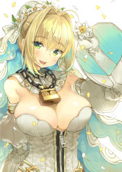Rule 34 | 10s, 1girl, :d, ahoge, arm up, blonde hair, blush, breasts, bridal veil, chain, cleavage, collar, confetti, detached collar, detached sleeves, elbow gloves, fate/extra, fate/extra ccc, fate (series), flower, gloves, green eyes, hair between eyes, hair intakes, highres, holding, holding flower, juliet sleeves, large breasts, lock, long sleeves, looking at viewer, mirei, nero claudius (bride) (fate), nero claudius (bride) (second ascension) (fate), nero claudius (fate), nero claudius (fate) (all), open mouth, padlock, petals, puffy sleeves, short hair, sidelocks, simple background, smile, solo, teeth, upper body, veil, white background, white gloves, wide sleeves, zipper, zipper pull tab