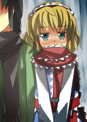 Rule 34 | 1boy, 1girl, alice margatroid, blonde hair, blue eyes, blush, embarrassed, faceless, faceless male, gaoo (frpjx283), hairband, highres, scarf, short hair, touhou