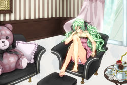 Rule 34 | 1girl, bad id, bad pixiv id, barefoot, black upholstery, bow, cake, chair, couch, cup, curly hair, curtains, cushion, dress, feet, food, green eyes, green hair, hair bow, hair ribbon, hatsune miku, head rest, jewelry, kureno, legs, long hair, matching hair/eyes, nail polish, necklace, panties, pantyshot, ribbon, room, sitting, solo, strapless, strapless dress, striped ribbon, stuffed animal, stuffed toy, tea, teacup, teapot, teddy bear, tiered serving stand, underwear, vertical stripes, vocaloid, wallpaper