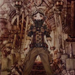 Rule 34 | 1other, belt, belt buckle, blush, bracelet, brown belt, buckle, goggles, goggles on head, grey hair, highres, industrial pipe, jewelry, looking down, nc empire (circle), original, pouch, red eyes, rust, sleeve rolled up, standing, steampunk, turtleneck