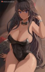 Rule 34 | 1girl, bare shoulders, black bow, black bowtie, black hair, black leotard, blue eyes, bow, bowtie, breasts, cleavage, commentary, detached collar, english commentary, hair ornament, hand in own hair, highres, large breasts, leotard, long hair, looking at viewer, mirai hikari, parted lips, patreon username, playboy bunny, rabbit ears, sakurajima mai, seishun buta yarou, sitting, solo, thighs, wrist cuffs