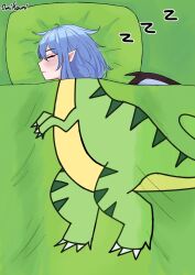 Rule 34 | 1girl, absurdres, bat wings, bed sheet, blush, closed eyes, closed mouth, commentary, dinosaur print, highres, medium hair, no headwear, omikami, pillow, pointy ears, remilia scarlet, sleeping, solo, symbol-only commentary, touhou, wings, zzz