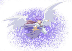 Rule 34 | 1girl, androgynous, blue eyes, blue hair, blush, flying, matching hair/eyes, outstretched hand, pants, purple background, purple hair, purple theme, smile, solo, wings