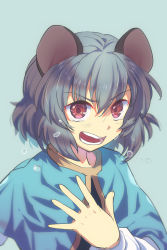 Rule 34 | 1girl, animal ears, blue background, blue capelet, capelet, commentary request, crying, dress, grey dress, grey hair, hair between eyes, hand up, highres, long sleeves, looking at viewer, mouse ears, nayozane (worker7), nazrin, puffy long sleeves, puffy sleeves, red eyes, shirt, short hair, simple background, solo, tears, teeth, tongue, touhou, upper body, white shirt, white sleeves