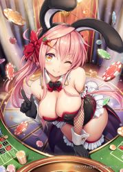 Rule 34 | 1girl, akkijin, animal ears, black bow, black bowtie, black thighhighs, bodysuit, bow, bowtie, braid, breasts, carrot, casino, cleavage, copyright name, detached collar, fake animal ears, food-themed hair ornament, fortuna (shinkai no valkyrie), frilled thighhighs, frills, from above, hair between eyes, hair ornament, head tilt, indoors, large breasts, legs together, leotard, long hair, official art, one eye closed, orange eyes, pink hair, playboy bunny, poker chip, rabbit ears, rabbit tail, red bow, red bowtie, roulette table, shinkai no valkyrie, solo, sparkle, standing, table, tail, thighhighs, very long hair, waist cape