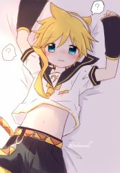 Rule 34 | 1boy, ?, aqua eyes, blonde hair, blue eyes, clothing cutout, commentary request, cowboy shot, detached sleeves, from above, hair ornament, haruame kinako, highres, kagamine len, looking at viewer, looking up, lying, male focus, midriff peek, navel cutout, neckerchief, nervous, on back, on bed, open mouth, sailor collar, short hair, solo, speech bubble, sweat, sweatdrop, vocaloid