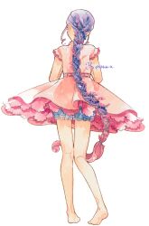 1girl barefoot braid commentary dress flower from_behind full_body hair_flower hair_ornament highres long_hair multicolored_hair original painting_(medium) petticoat pink_dress pink_flower pink_hair purple_hair short_dress short_sleeves single_braid traditional_media two-tone_hair very_long_hair watercolor_(medium) yoshida_haruyuki