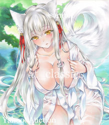 Rule 34 | 1girl, animal ears, artist name, at classics, bell, blonde hair, blush, breasts, cleavage, closed mouth, covered erect nipples, cowboy shot, fox ears, fox tail, groin, hair bell, hair between eyes, hair ornament, large breasts, long sleeves, looking at viewer, no panties, original, sample watermark, solo, tail, traditional media, water, watermark, wet, wet clothes, white hair, wide sleeves