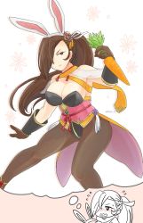 Rule 34 | 1girl, animal ears, black hair, blush, breasts, carrot, cleavage, fake animal ears, fire emblem, fire emblem fates, fire emblem heroes, flyer 27, gloves, hair over one eye, highres, imagining, kagero (fire emblem), kagero (spring) (fire emblem), large breasts, long hair, nintendo, official alternate costume, open mouth, pantyhose, ponytail, rabbit ears, solo