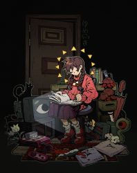 Rule 34 | 1girl, 9twoeight, absurdres, blouse, braid, closed mouth, extra eyes, closed eyes, flower, highres, holding, holding pen, madotsuki, nasu (yume nikki), notebook, pen, pink shirt, pink sweater, red umbrella, shirt, smile, solo, sweater, television, twin braids, umbrella, white flower, writing, yume nikki