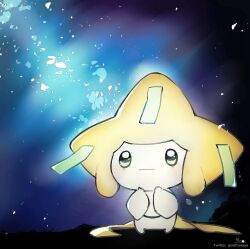 Rule 34 | closed mouth, commentary request, creatures (company), game freak, gen 3 pokemon, green eyes, hands up, highres, jirachi, legendary pokemon, mythical pokemon, night, night sky, nintendo, no humans, outdoors, pokemon, pokemon (creature), signature, sky, smile, sofra, solo, standing, twitter username