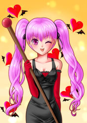 Rule 34 | 1girl, :p, bat wings, bow, breasts, cleavage, dress, elbow gloves, fire emblem, fire emblem: the blazing blade, gloves, hair bow, heart, long hair, nintendo, pink hair, purple eyes, serra (fire emblem), solo, staff, tongue, tongue out, twintails, wings, yuino (fancy party)