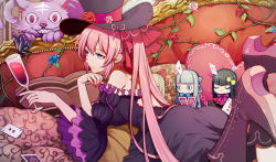 Rule 34 | 1girl, bad id, bad pixiv id, bare shoulders, blue eyes, boots, card, cat, cup, doll, dress, drinking glass, flower, harano, hat, hat flower, hat ribbon, holding, long hair, lying, nail polish, on stomach, original, pillow, pink hair, plant, playing card, ribbon, rose, solo, thorns, top hat, twintails, vines, wine glass