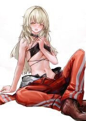 Rule 34 | 1girl, absurdres, arm support, blonde hair, blush, boots, breasts, brown footwear, commentary, commentary request, cross-laced footwear, embarrassed, girls&#039; frontline, girls&#039; frontline neural cloud, highres, lithographica, long hair, looking at viewer, medium breasts, navel, open mouth, orange eyes, orange pants, pants, shale (neural cloud), simple background, sitting, solo, stomach, striped clothes, striped pants, sweat, vertical-striped clothes, vertical-striped pants, white background