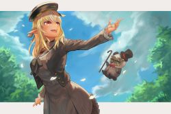 Rule 34 | 1girl, barcy, belt, black headwear, blonde hair, bow, bowtie, breasts, can, dark-skinned female, dark skin, day, elf, hat, highres, hololive, kintsuba (shiranui flare), long hair, outdoors, outstretched hand, petals, pointy ears, red bow, red bowtie, red eyes, shiranui flare, shiranui flare (street), smile, standing, top hat, virtual youtuber