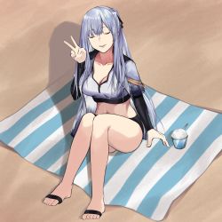 Rule 34 | 1girl, ak-12 (age of slushies) (girls&#039; frontline), ak-12 (girls&#039; frontline), beach, bodysuit, bow, breasts, cleavage, closed eyes, collarbone, food, girls&#039; frontline, hair bow, highres, ice cream, long hair, medium breasts, navel, official alternate costume, open mouth, shaved ice, silver hair, simple background, sitting, sitting on lap, sitting on person, smile, solo, swimsuit, talnory, v