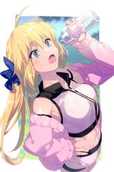 Rule 34 | 1girl, ahoge, artoria caster (counter stretch) (fate), artoria caster (fate), artoria pendragon (fate), blonde hair, blue ribbon, blush, bottle, breasts, echo (circa), fate/grand order, fate (series), green eyes, hair ribbon, hand on own hip, long hair, looking at object, navel, open mouth, ribbon, small breasts, solo, sweat, thighs, tongue, twintails, water bottle, zipper, zipper pull tab
