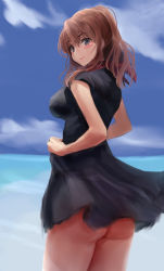 Rule 34 | 1girl, ass, black dress, blue eyes, blue sky, blush, breasts, brown hair, closed mouth, day, dress, hair between eyes, hair ornament, haruto (harut n), highres, kantai collection, large breasts, looking at viewer, no panties, ocean, saratoga (kancolle), saratoga mk ii (kancolle), side ponytail, sidelocks, sky, solo