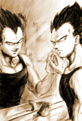 Rule 34 | 1boy, artist name, bathroom, blue queen (chana0), dated, different reflection, dragon ball, dragonball z, dual persona, hand on mirror, male focus, mirror, monochrome, muscular, pectorals, reflection, sepia, signature, sink, smile, sweat, tank top, vegeta, widow&#039;s peak