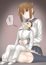 Rule 34 | 1boy, 1girl, admiral (kancolle), aged up, alternate breast size, black legwear, blush, breasts, brown eyes, brown hair, collarbone, folded ponytail, giant, giantess, gradient background, grey background, height difference, highres, holding person, hug, hug from behind, inazuma (kancolle), jacket, kantai collection, kneeling, large breasts, military, military uniform, naval uniform, open mouth, pants, pleated skirt, school uniform, serafuku, sidelocks, sitting, sitting on lap, sitting on person, size difference, skirt, socks, uniform, uru (uru0000), wariza, white jacket, white legwear, white pants