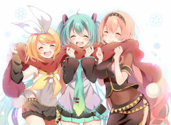 Rule 34 | 3girls, :d, ^ ^, ahoge, aqua hair, aqua necktie, arm warmers, armband, belt, black shorts, blonde hair, blush, bow, breasts, closed eyes, covered navel, cowboy shot, detached sleeves, girl sandwich, hair between eyes, hair ornament, hairband, hairclip, hands up, happy, hatsune miku, kagamine rin, large breasts, long hair, megurine luka, miniskirt, multiple girls, necktie, open mouth, pink hair, pleated skirt, pom pom (clothes), red scarf, ribbon, sandwiched, scarf, shared clothes, shared scarf, short hair, shorts, side slit, skirt, sleeveless, small breasts, smile, snowflakes, stomach, swept bangs, teeth, temari (deae), twintails, upshirt, very long hair, vocaloid, white background, white bow, yellow ribbon