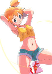 Rule 34 | 1girl, armpits, arms behind head, blue eyes, blush, breasts, cleavage, closed mouth, commentary request, creatures (company), cropped shirt, eyelashes, game freak, green shorts, looking at viewer, masamu (leonore69), medium breasts, midriff, misty (pokemon), navel, nintendo, one side up, orange hair, pokemon, pokemon (anime), pokemon (classic anime), shirt, shoes, short shorts, shorts, sleeveless, sleeveless shirt, smile, sneakers, solo, split mouth, squatting, white background, white footwear, yellow shirt