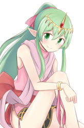 Rule 34 | 1girl, bracelet, cape, dress, fire emblem, fire emblem: mystery of the emblem, fire emblem: shadow dragon and the blade of light, green eyes, green hair, hair ornament, hair ribbon, jewelry, long hair, nintendo, pink dress, pointy ears, ponytail, ribbon, scarf, short dress, side slit, simple background, smile, solo, tiki (fire emblem), tiki (young) (fire emblem), white background