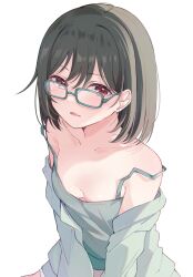 Rule 34 | 1girl, armpit crease, bare shoulders, black hair, blush, bottomless, breasts, camisole, cleavage, collarbone, commentary, dot nose, fang, glasses, green-framed eyewear, green camisole, green hair, green pajamas, highres, long sleeves, looking at viewer, love live!, love live! nijigasaki high school idol club, mifune shioriko, neck, notyu maru, off shoulder, open clothes, open mouth, pajamas, red eyes, shiny skin, short hair, simple background, sitting, small breasts, solo, spaghetti strap, strap slip, swept bangs, teeth, upper body, white background
