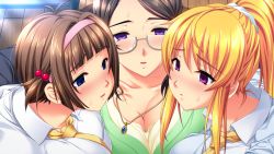 Rule 34 | 3girls, :o, antenna hair, blonde hair, blue eyes, brown hair, empty eyes, expressionless, from above, game cg, glasses, hair ornament, hairband, indoors, jewelry, kyonyuu kazoku saimin, long hair, looking at another, looking at viewer, lune (company), mamiya akiha, mamiya mifuyu, mamiya natsuki (kyonyuu kazoku saimin), mature female, mind control, mother and daughter, multiple girls, necklace, on floor, pleated skirt, ponytail, purple eyes, school uniform, short hair, siblings, sidelocks, sisters, skirt, skyhouse, sweat, wooden floor