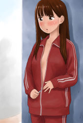 Rule 34 | 1girl, blunt bangs, blush, brown eyes, brown hair, collarbone, exhibitionism, eyelashes, hair over shoulder, hair strand, highres, jacket, long hair, looking ahead, no bra, no shirt, open clothes, open jacket, opened by self, original, pants, parted lips, public indecency, red jacket, red pants, shadow, solo, standing, tatsuro karma, track jacket, track pants, track suit, undressing, unzipped, unzipping, wall, white stripes