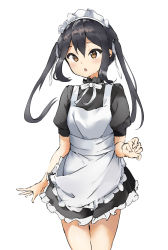 Rule 34 | 1girl, :o, absurdres, apron, black hair, blush, brown eyes, commentary, frills, hair between eyes, hair ribbon, highres, k-on!, long hair, looking at viewer, maid apron, maid headdress, mint ch, nakano azusa, neck ribbon, open mouth, puffy sleeves, ribbon, short sleeves, sidelocks, simple background, solo, standing, twintails, white background, white ribbon