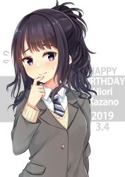 Rule 34 | 1girl, amidada, black eyes, black hair, blazer, blush, brown sweater, buttons, character name, closed mouth, collared shirt, dated, finger to mouth, flying sweatdrops, grey jacket, hand up, happy birthday, highres, idolmaster, idolmaster shiny colors, jacket, kazano hiori, long hair, long sleeves, looking at viewer, mole, mole under mouth, necktie, ponytail, school uniform, shirt, sidelocks, smile, solo, striped necktie, striped neckwear, sweat, sweater, upper body, white shirt, wing collar