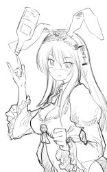 Rule 34 | 1girl, blush, breasts, cleavage, clenched hand, daiginjou, dress, frilled sleeves, frills, futaba channel, greyscale, hairband, large breasts, lolita hairband, long sleeves, looking at viewer, michael f91, monochrome, nose blush, simple background, sketch, smile, solo, upper body, white background, wide sleeves