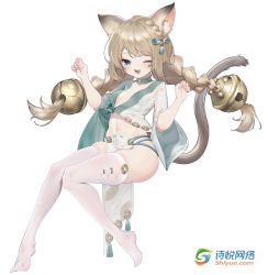Rule 34 | 1girl, ;d, animal ear fluff, animal ears, blonde hair, blue eyes, braid, breasts, copyright request, facial mark, full body, hands up, highres, invisible chair, long hair, looking at viewer, navel, no shoes, official art, one eye closed, open mouth, pelvic curtain, simple background, sitting, small breasts, smile, solo, tail, tail raised, thighhighs, twin braids, watermark, whisker markings, white background, white thighhighs, wide sleeves, xiao dai mei dai e