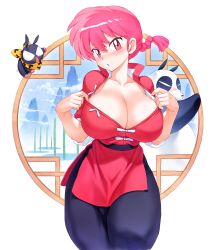 Rule 34 | 1girl, absurdres, animal, blush, braid, breasts, chinese clothes, cleavage, hibiki ryouga, highres, huge breasts, legs, looking at viewer, matching hair/eyes, mogudan, open clothes, p-chan, panda, parted lips, pig, pink eyes, ranma-chan, ranma 1/2, saotome genma, saotome ranma, single braid, standing, tangzhuang, thighs