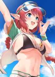 Rule 34 | 1girl, :d, absurdres, arm up, bikini, black bikini, blue eyes, blue hat, blue sky, blush, braid, braided ponytail, breasts, chagama teishoku, cleavage, cloud, day, elf, from below, hand up, hat, highres, large breasts, long hair, misato (princess connect!), misato (summer) (princess connect!), navel, open mouth, outdoors, pointy ears, princess connect!, red hair, round teeth, shorts, single braid, sky, smile, solo, stomach, striped clothes, striped shorts, sweat, sweatband, swimsuit, tareme, teeth, underboob, upper body, upper teeth only, vertical-striped clothes, vertical-striped shorts, very long hair, visor cap, water drop, whistle, whistle around neck, white bikini
