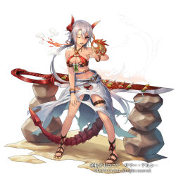 Rule 34 | 1girl, armor, bikini, bikini armor, breasts, cooking, copyright name, copyright request, cuboon, dragon, dragon tail, fire, food, grey hair, grill, grilling, horns, kebab, long hair, medium breasts, navel, official art, one eye closed, red eyes, simple background, solo, swimsuit, sword, tail, weapon, white background