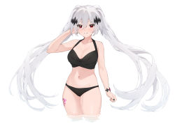 Rule 34 | 1girl, absurdres, ao (aokisora ao), arm up, bare arms, bare shoulders, bikini, black bikini, black nails, bracelet, breasts, cleavage, grin, hand in own hair, highres, indie virtual youtuber, jewelry, large breasts, leg tattoo, long hair, looking at viewer, nail polish, navel, red eyes, simple background, smile, solo, standing, stomach, swimsuit, tattoo, twintails, very long hair, virtual youtuber, wading, water, white background, white hair