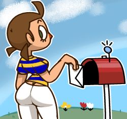 Rule 34 | 1girl, ahoge, animal crossing, ass, blue shirt, blue sky, breasts, brown hair, butt crack, cloud, cowboy shot, day, envelope, female focus, flower, from behind, grass, green eyes, hand up, holding, jaggy lines, looking back, mailbox, medium breasts, nintendo, outdoors, outline, pants, red flower, shirt, short hair, short sleeves, sky, solo, standing, striped clothes, striped shirt, twintails, unmoving pattern, vilepluff, villager (animal crossing), white flower, white outline, white pants, yellow flower, yellow shirt