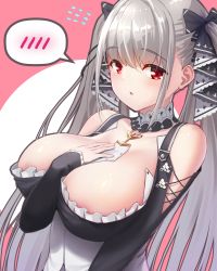 Rule 34 | 1girl, areola slip, azur lane, azure-maya, bare shoulders, between breasts, black dress, blush, breasts, cleavage, dress, formidable (azur lane), frilled dress, frills, gothic lolita, grey hair, hand between breasts, hand on own chest, highres, large breasts, lolita fashion, long hair, looking at viewer, neckwear between breasts, open mouth, raised eyebrows, red eyes, ribbon, solo, spoken blush, twintails, two-tone dress, two-tone ribbon, upper body, very long hair, white neckwear