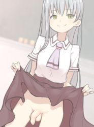 Rule 34 | 1boy, aozora tsugumi, artist request, asobi asobase, clothes lift, crossdressing, lifted by self, long hair, male focus, no panties, penis, silver hair, skirt, skirt lift, smile, solo, testicles, trap, yellow eyes