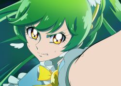 Rule 34 | 1girl, absurdres, brooch, clenched teeth, close-up, earrings, green hair, highres, jewelry, long hair, magical girl, original, pale skin, precure, rona67, serious, solo, teeth, yellow eyes